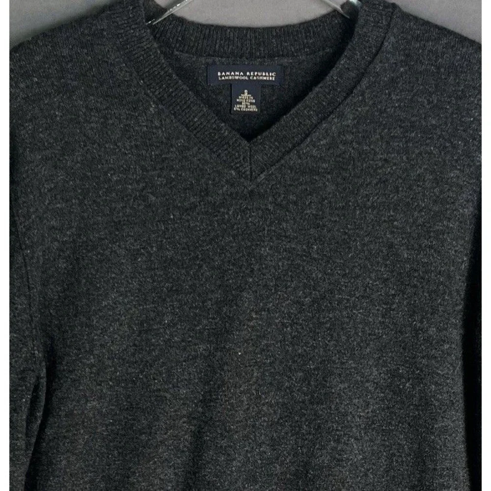 VNTG Banana Republic Mens S Sweater Lambswool Cashmere Gray Elbow Pads V-Neck